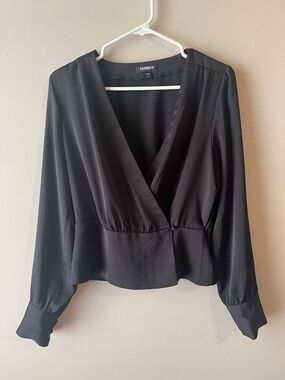 Express Black Wrap V-Neck Long Sleeve Peplum Blouse